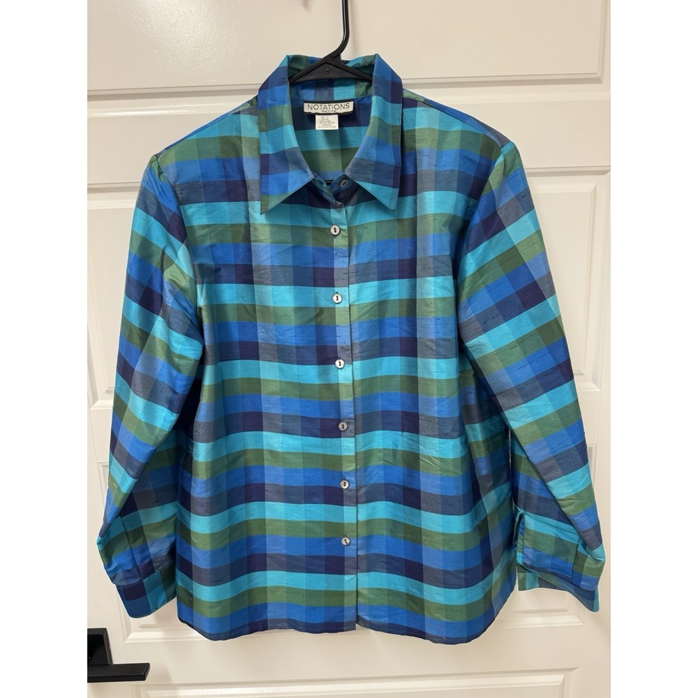 Notations Petite Large Blouse Button Front Long Sleeve 100% Silk Plaid 2587900